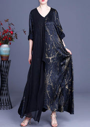 Black Print Patchwork Summer Silk Dress - bagstylebliss