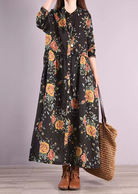 Black Print Pockets Patchwork Cotton Long Dress Stand Collar Fall