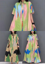 Black Print Tie Dye Cotton Loose Shirt Dress Button Short Sleeve