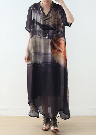 Black Silk Vintage Large Irregular Print Dress - bagstylebliss