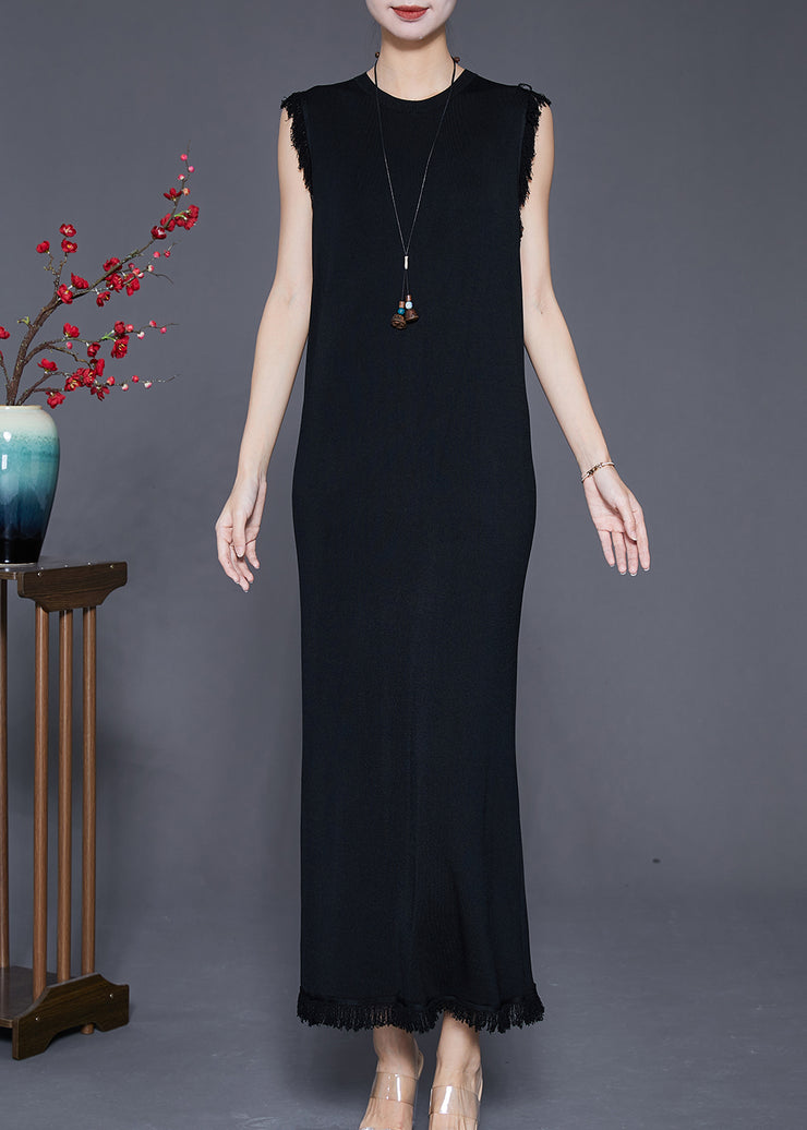 Black Slim Fit Knit Holiday Dress Tasseled Sleeveless