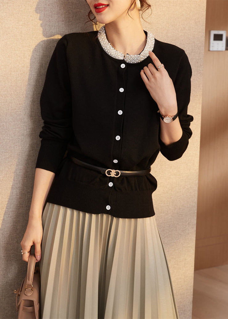 Black Slim Fit Wool Knit Cardigan O-Neck Nail Bead Spring