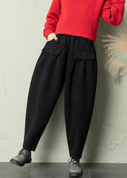 Black Solid Cotton Harem Pants Elastic Waist Spring