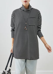 Black Striped Cotton Shirt Turtle Neck Pocket Fall