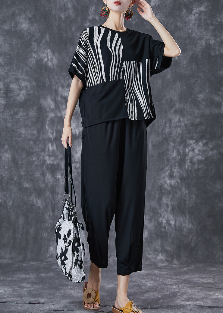 Black Striped Cotton Two Pieces Set Asymmetrical Summer