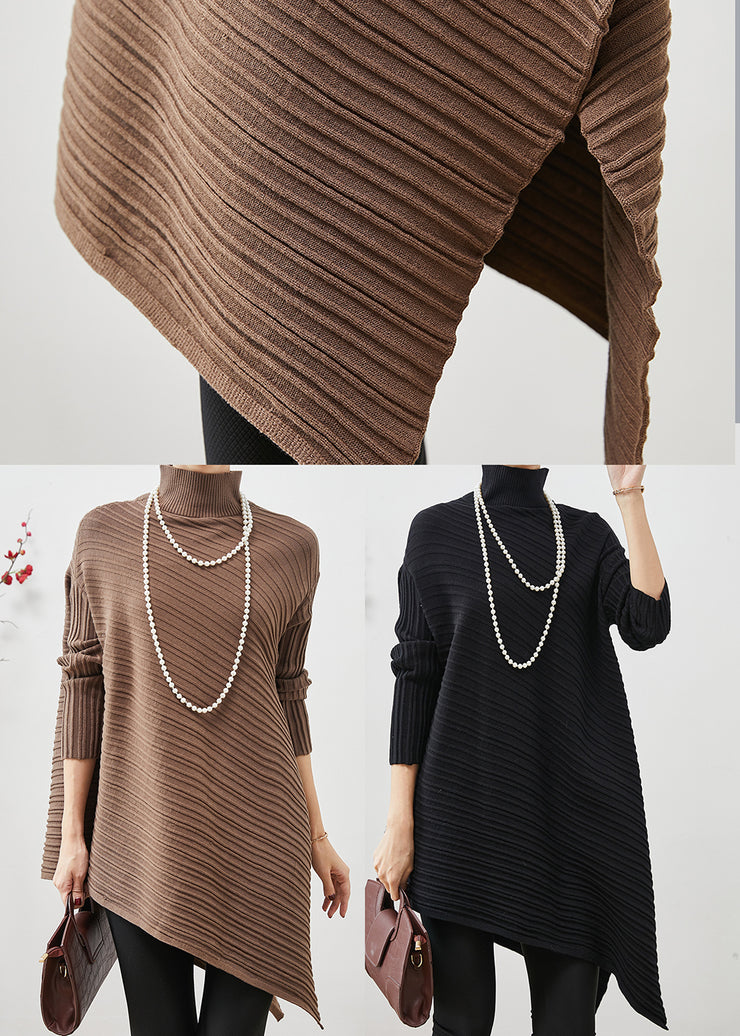 Black Striped Knit Tops High Neck Asymmetrical Spring