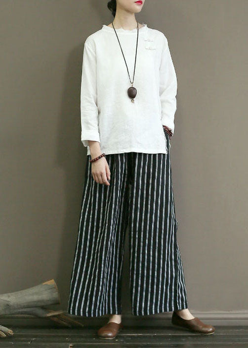 Black Striped Linen Wide Leg Pants Elastic Waist Oversized Summer