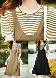 Black Striped Patchwork Cotton Dresses Wrinkled Short Sleeve