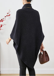 Black Thick Knit Sweater Turtle Neck Asymmetrical Design Batwing Sleeve