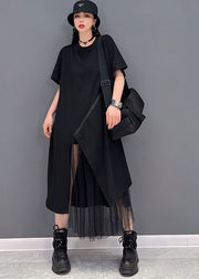 Black Tulle Patchwork Cotton Pullover Streetwear Dresses Zip Up Short Sleeve