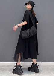 Black Tulle Patchwork Cotton Pullover Streetwear Dresses Zip Up Short Sleeve