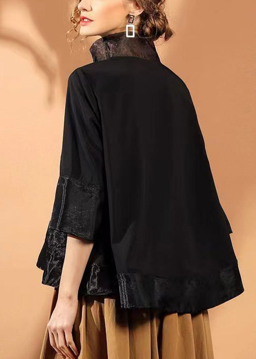 Black Tulle Patchwork Silk Blouses Embroidered Bracelet Sleeve