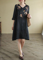 Black V Neck Embroideried  Button Three Quarter Sleeve Fall Dresses - bagstylebliss