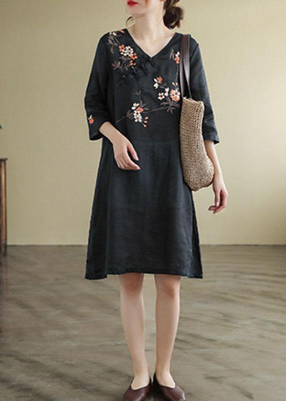 Black V Neck Embroideried  Button Three Quarter Sleeve Fall Dresses - bagstylebliss