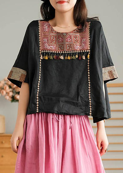 Black Vintage Embroidered Linen Women T-shirt - bagstylebliss