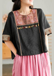 Black Vintage Embroidered Linen Women T-shirt - bagstylebliss
