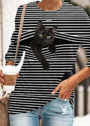 Black Whiet Striped Cat Print O-neck Long Sleeve Plus Size Casual T-shirts