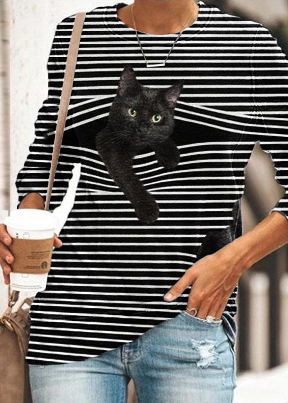 Black Whiet Striped Cat Print O-neck Long Sleeve Plus Size Casual T-shirts