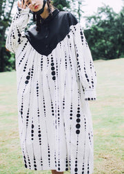 Black White Dot Circle Peter Pan Collar Cotton Long sleeve Dress - bagstylebliss