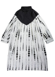 Black White Dot Circle Peter Pan Collar Cotton Long sleeve Dress - bagstylebliss