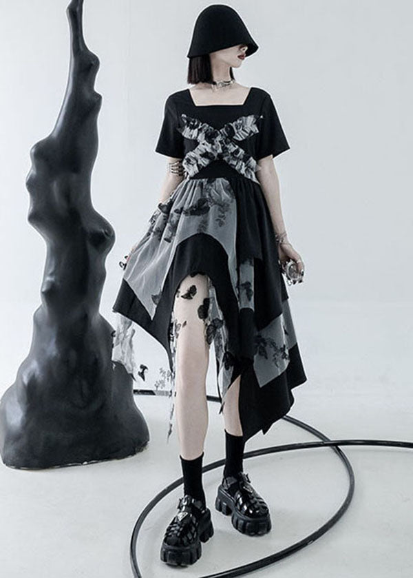 Black White Patchwork Tulle Cotton Original Design Dress Square Collar Summer