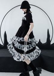 Black White Ruffles Tulle Patchwork Cotton Dress Square Collar Asymmetrical Design Summer