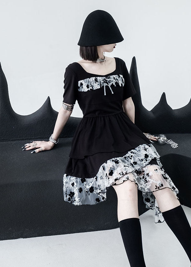 Black White Ruffles Tulle Patchwork Cotton Dress Square Collar Asymmetrical Design Summer