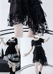 Black White Ruffles Tulle Patchwork Cotton Dress Square Collar Asymmetrical Design Summer