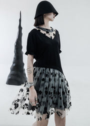 Black White Tulle Patchwork Cotton Streetwear Dresses Print Short Sleeve