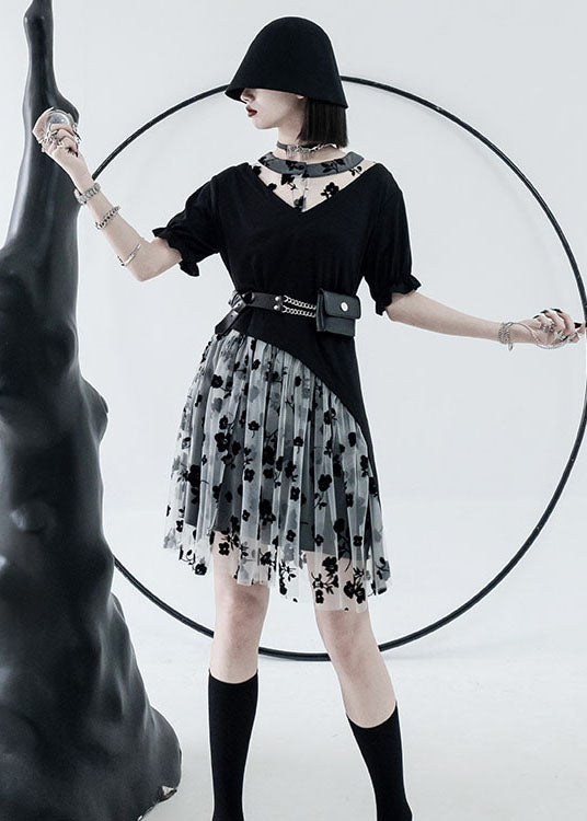 Black White Tulle Patchwork Cotton Streetwear Dresses Print Short Sleeve