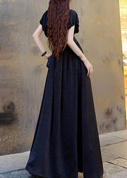 Black Wrinkled Pockets Patchwork Cotton Maxi Dresses V Neck Short Sleeve