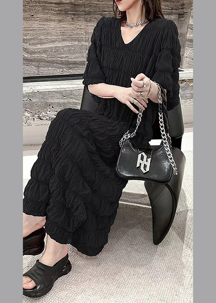 Black Wrinkled Vacation Chiffon Long Dresses Summer