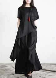 Black asymmetrical Design Linen Long Shirt Wide Leg Pants Summer - bagstylebliss