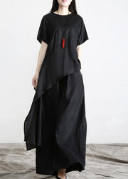 Black asymmetrical Design Linen Long Shirt Wide Leg Pants Summer - bagstylebliss