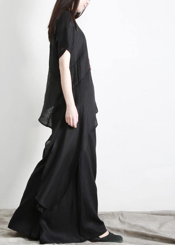 Black asymmetrical Design Linen Long Shirt Wide Leg Pants Summer - bagstylebliss