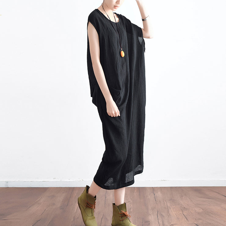 Black casual asymmetrical baggy linen summer dresses oversized sleeveless cotton