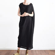 Black casual asymmetrical baggy linen summer dresses oversized sleeveless cotton