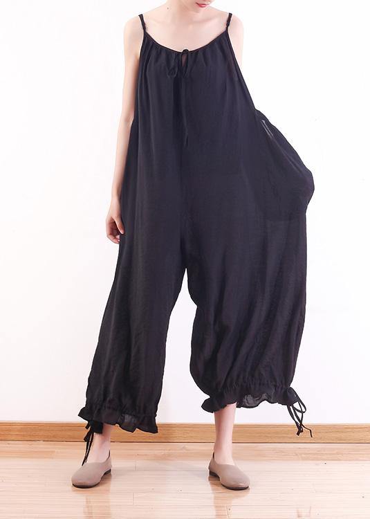 Black loose drawstring  suspender wide leg jumpsuit - bagstylebliss