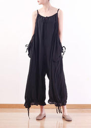 Black loose drawstring  suspender wide leg jumpsuit - bagstylebliss