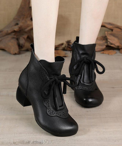 Black zippered Cowhide Leather Boots Lace Up Boots - bagstylebliss