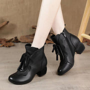 Black zippered Cowhide Leather Boots Lace Up Boots - bagstylebliss