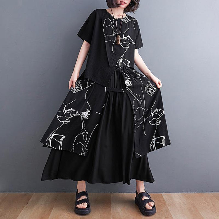 Black Print Short Sleeve Round Neck T-shirt Elastic Waist Skirt Suit Summer - bagstylebliss