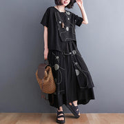 Black Print Short Sleeve Round Neck T-shirt Elastic Waist Skirt Suit Summer - bagstylebliss