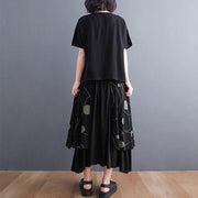 Black Print Short Sleeve Round Neck T-shirt Elastic Waist Skirt Suit Summer - bagstylebliss