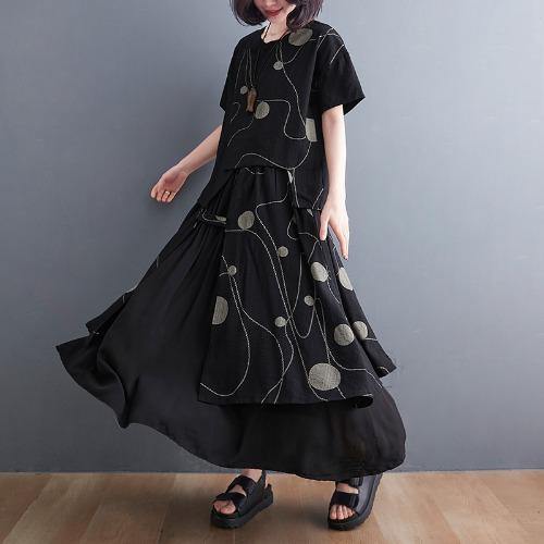 Black Print Short Sleeve Round Neck T-shirt Elastic Waist Skirt Suit Summer - bagstylebliss