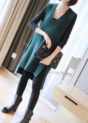 Blackish Green Knit Long Vests V Neck Low High Design Spring