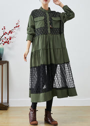 Blackish Green Patchwork Cotton Shirt Dress Hollow Out Fall