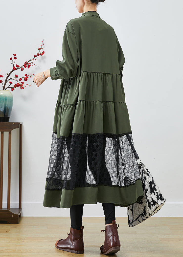 Blackish Green Patchwork Cotton Shirt Dress Hollow Out Fall