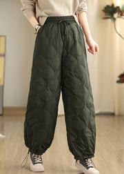 Blackish Green Pockets Fine Cotton Filled Pants Cinched Winter