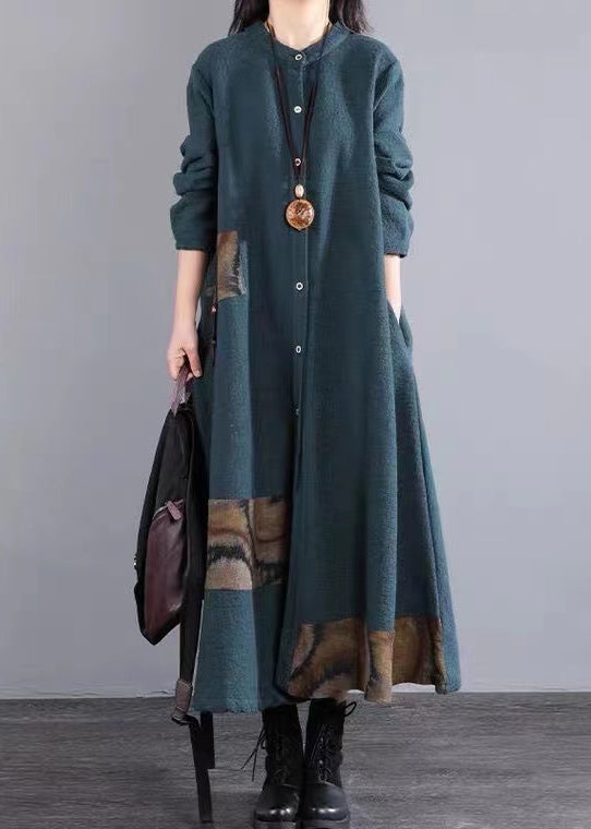 Blackish Green Pockets Patchwork Cotton Dress Stand Collar Fall